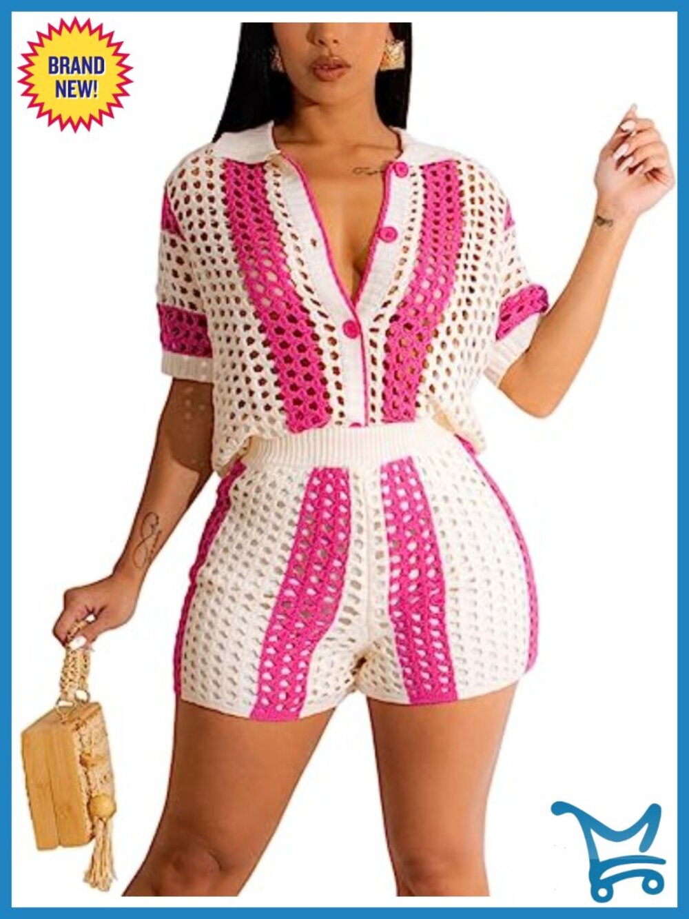 Crochet Two Piece Set: Short Sleeve Button Down Shirt and Shorts